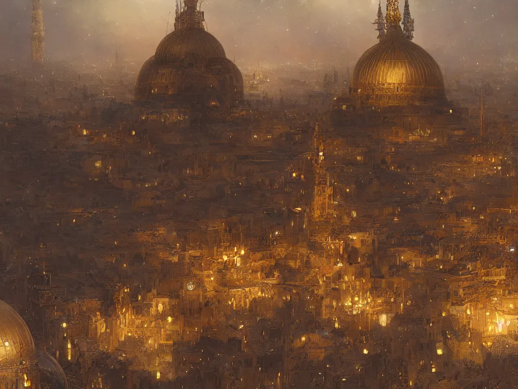 Prompt: a view from the river of a dome - covered city resembling ancient baghdad at night with the sky full of stars, intricate, elegant, highly detailed, digital painting, artstation, concept art, smooth, sharp focus, colored illustration for tattoo, art by krenz cushart and artem demura and alphonse mucha,