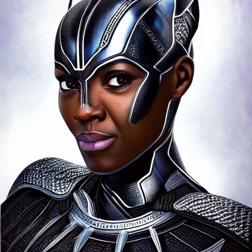 Prompt: head and shoulders portrait of a female knight, wakanda, black panther, breastplate, shaved head, by artgerm, face detail, extremely detailed, photo