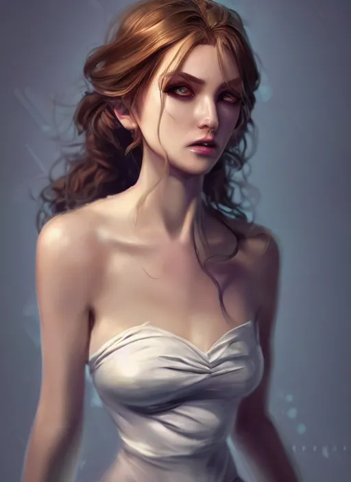 Image similar to beautiful fashion goddness, strapless dress, character portrait in the style of thomas river and artgerm, wlop, cinematic lighting, hyperdetailed, 8 k realistic, symmetrical, global illumination, radiant light, halo, love and mercy, frostbite 3 engine, cryengine, dof, trending on artstation, digital art, chanel