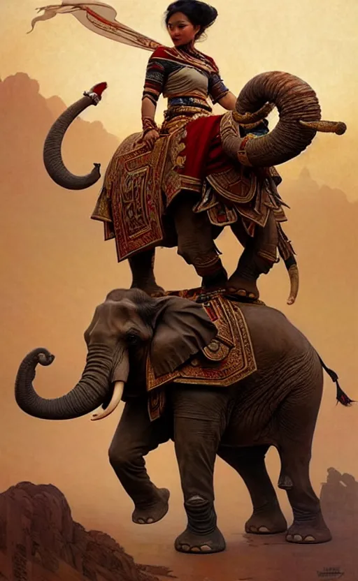 Image similar to magic tribal ethnic asian female, riding a war elephant, gorgeous lighting by weta studio, mucha, bautista and norman rockwell and greg rutkowski and tom bagshaw and james gurney and lucasfilm