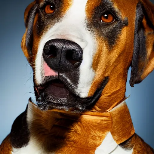 Prompt: a high detail shot of a big swiss mountain dog wearing a hazmat suit,studio photograph,professional photography,studio lighting,professional lighting,3 point lighting,hyperdetailed,photorealistic,50mm lens,detailed face