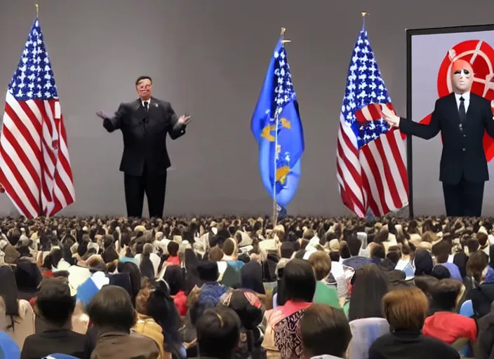 Prompt: dystopian propaganda style human robot dictator giving a speech to human robots next to two large flags with robot heads on them