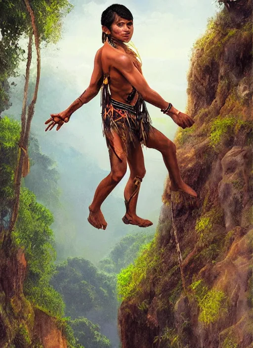 Prompt: a young indigenous amazon man ready to jump off a cliff, matte painting, ayahuasca, fantasy art