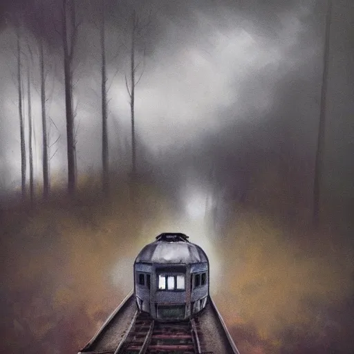 Image similar to ominous bedsheet ghost floating in front of a train deep in the forest, oil painting, brush strokes, gloomy foggy atmosphere, symmetrical, full body image, highly ornate intricate details,