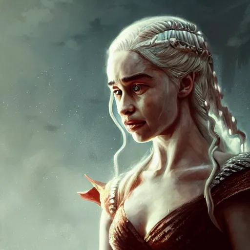 Prompt: daenerys targaryen, drogon, dragonriding, fire, blood, oil painting, Tooth Wu, Greg Rutkowski, RPG portrait, dynamic lighting, fantasy art, High contrast, depth of field