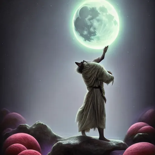 Image similar to an anthromorphic wolf jedi using the force to lift a sheep in a zen garden with a waterfall under the blood moon, by Adi granov and afarin sajedi and amanda sage and evgeni gordiets and Agostino Arrivabene and adonna khare in a psychedelic portrait style, ultrarealistic matte painting, volumetric lighting, fractal, extremely symmetrical, highly detailed face, orisha, 8k, hd