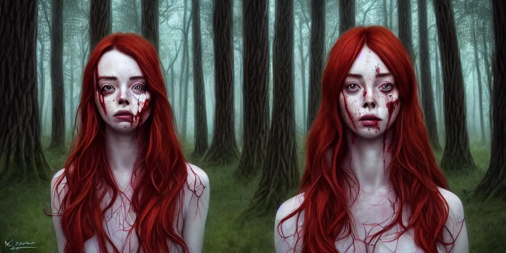 Prompt: surrounded by trees, realistic character concept, gorgeous Kacey Rohl, red hair, small freckles, symmetrical face, symmetrical eyes, full body, covered in blood, dark forest, Wendigo in background, trees, shorter neck, cinematic lighting, Joshua Middleton and artgerm, fear anxiety terror