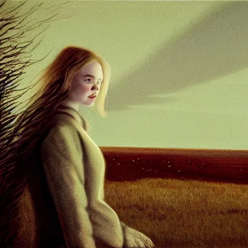 Prompt: Elle Fanning in the painted world of Silent Hill, head and shoulders masterpiece, apocalypse, golden hour, cosmic horror, artstation, in the style of Andrew Wyeth and Edward Hopper and Bosch, extremely detailed