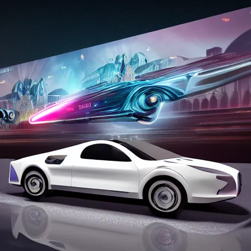 Image similar to sci-fi cars 50% of canvas in center and wall near structure on the coronation of napoleon painting and digital billboard in the middle and everything in style of zaha hadid and suprematism forms unreal engine 5 keyshot octane artstation trending bladerunner lighting ultra high detail ultra photo realistic 8k 16k in plastic dark tilt shift