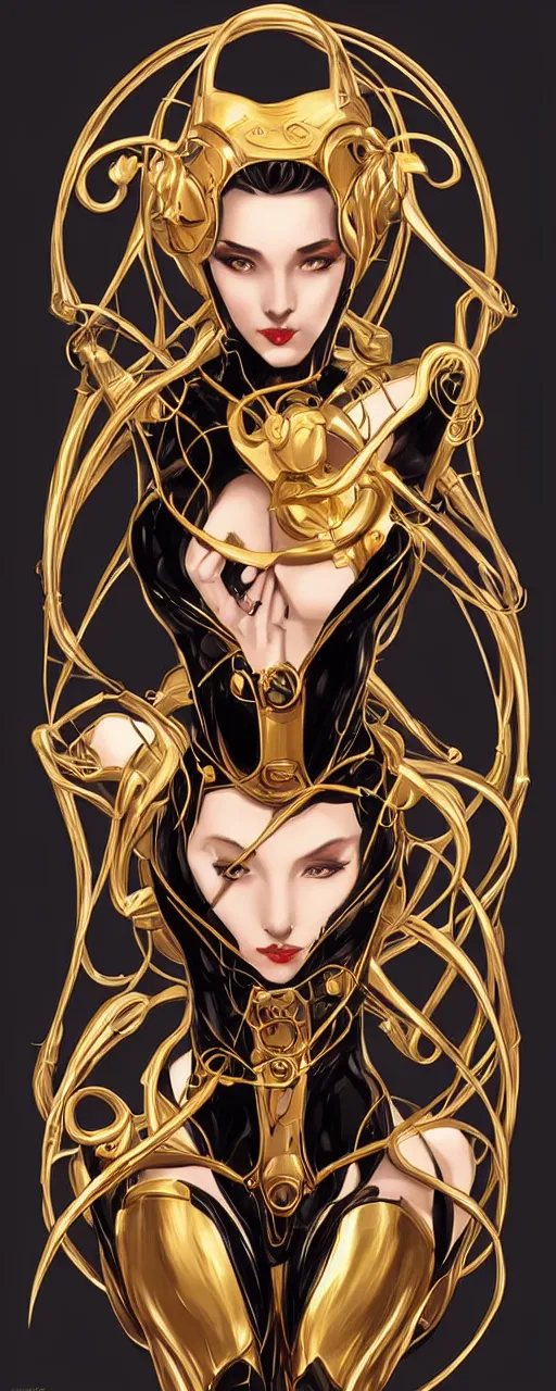 Image similar to beauty art nouveau woman, black and gold robotic, trending on artstation, by Artgerm