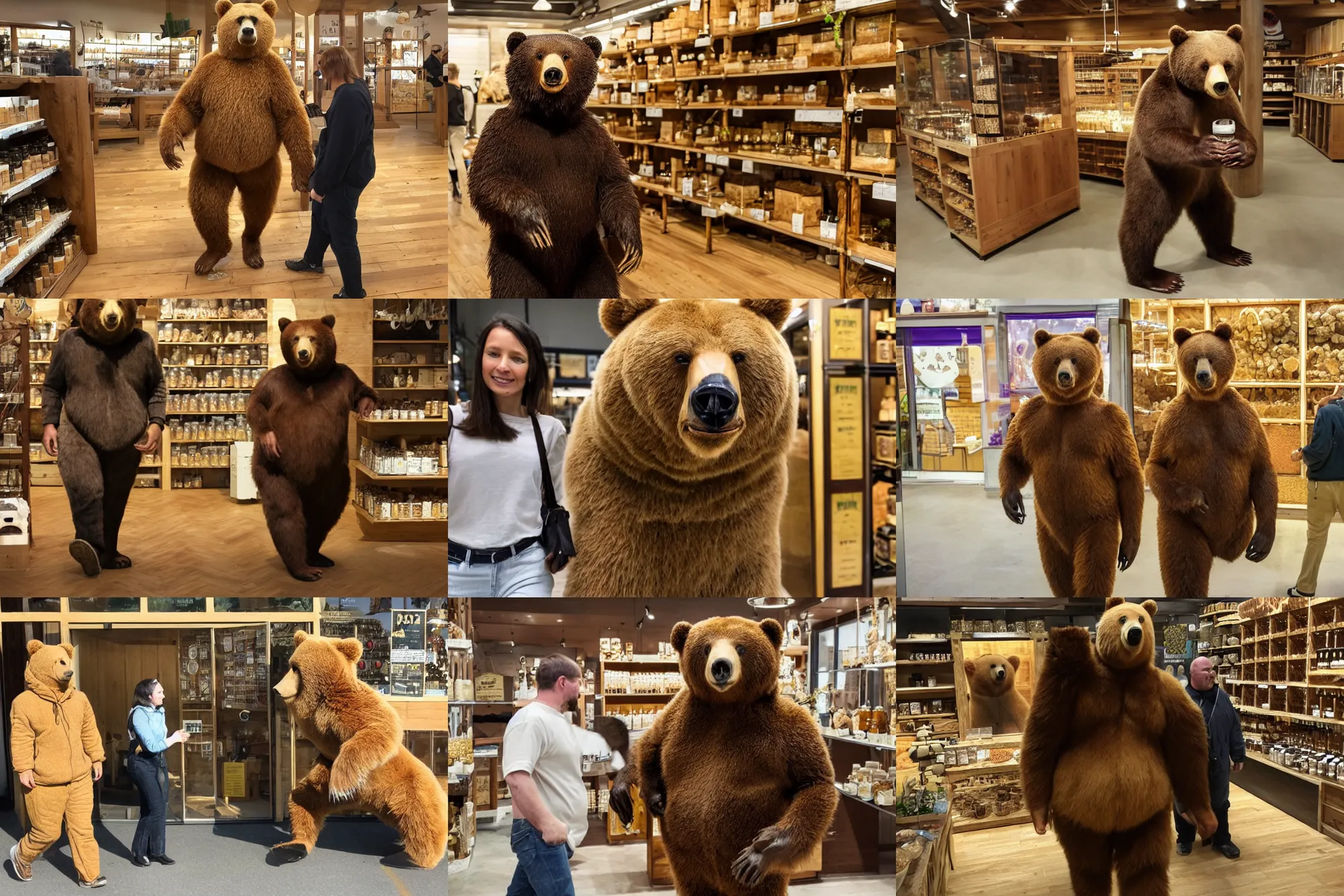 Prompt: hyper - realistic anthropomorphic bear walking into a honey shop