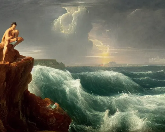 Prompt: a highly detailed painting of a cyborg sitting on the edge of a cliff overlooking the ocean, large waves, in the style of thomas cole