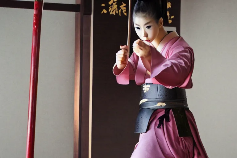 Image similar to beautiful photo of a young modern geisha samurai practising the sword in a traditional japanese temple, mid action swing, symmetrical face, beautiful eyes, huge oversized sword, award winning photo, muted pastels, action photography, 1 / 1 2 5 shutter speed, dramatic lighting, anime set style