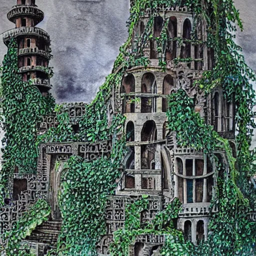 Image similar to ruins of a tower covered in creepers, beautiful, intricate, detailed, watercolour