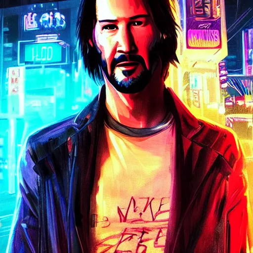 Prompt: Concept art of headshot portrait of Keanu Reeves on neon street in Cyberpunk city, synthwave, artstation art, night, professional light
