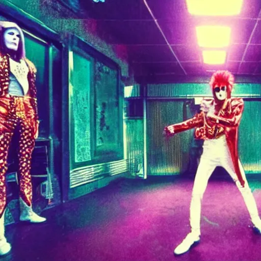 Prompt: ziggy stardust and the spiders from Mars anamorphic illusion 4k