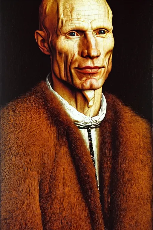 Image similar to portrait of ed harris, oil painting by jan van eyck, northern renaissance art, oil on canvas, wet - on - wet technique, realistic, expressive emotions, intricate textures, illusionistic detail