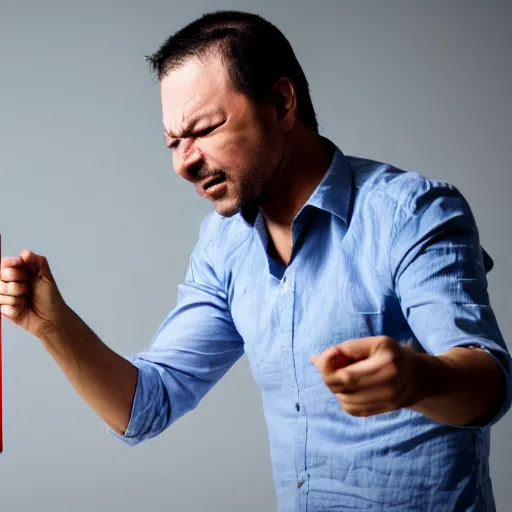 Image similar to crying man pointing at a ruler, high resolution photo