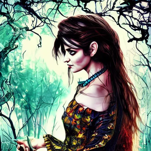 Image similar to anushka sharma as alice in wonderland. comic book style. gothic. forest background. hyperrealistic. artist android jones.