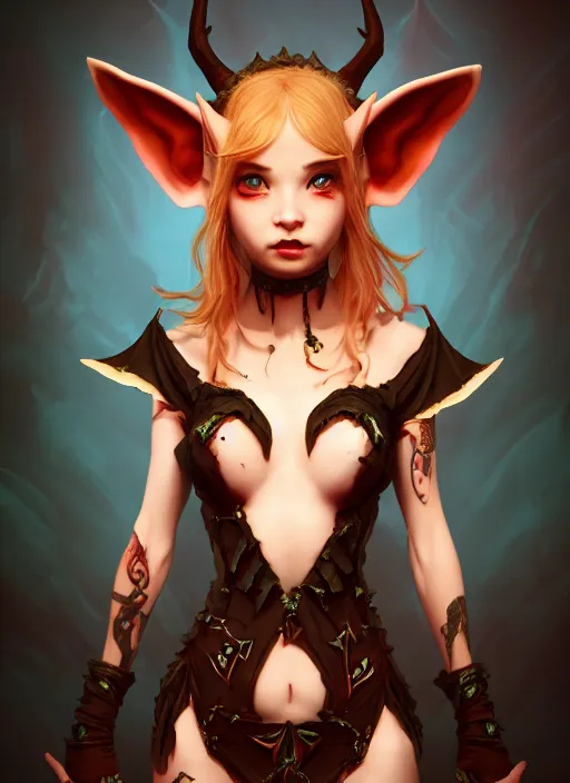 Image similar to imp demon goddess, cute elf ears, strapless dress, character portrait in the style of thomas river and artgerm, cinematic lighting, hyperdetailed, 8 k realistic, symmetrical, global illumination, radiant light,, frostbite 3 engine, cryengine, dof, trending on artstation, digital art, chanel