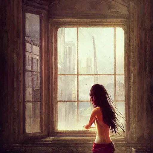 Prompt: window, eye, women, buildings, scared, by wlop, artgerm, greg rutkowski