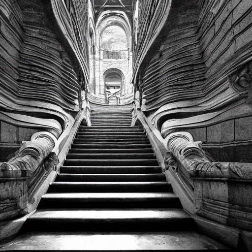 Image similar to black and white press photograph, highly detailed vast space made of stairsteps, detailed textures, natural light, mist, architecture photography, film grain, soft vignette, sigma 1 4 mm f / 1. 4 1 / 1 0 sec shutter, darren aronofsky film still promotional image, imax 7 0 mm footage