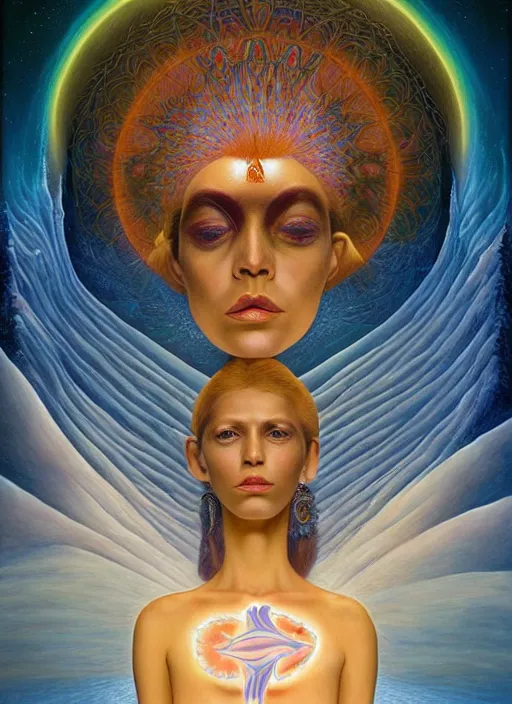 Image similar to portrait ultra dimensional cult woman shaman, enlightenment tripping on dmt, psychedelic experience, ultra high definition, unreal engine 5, hyperrealism, masterpiece composition, by michael parkes, casey weldon, barclay shaw