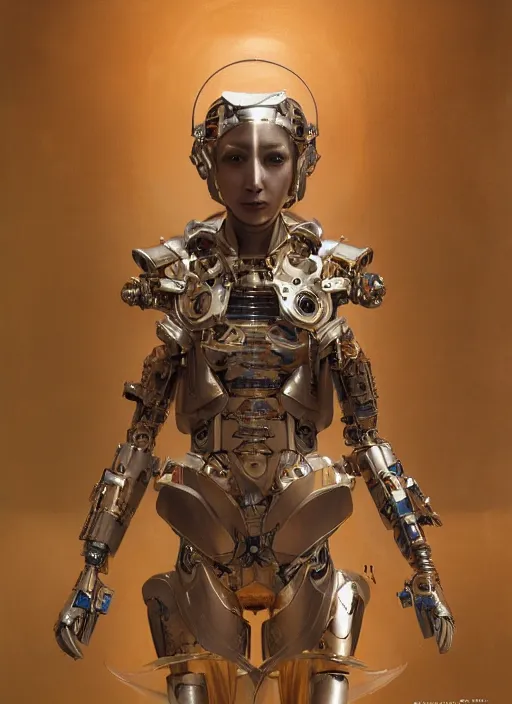 Image similar to portrait of a futuristic geisha cyborg with golden body armor, modern fine art, fractal, intricate, elegant, highly detailed, digital photography, subsurface scattering, by jheronimus bosch and greg rutkowski,