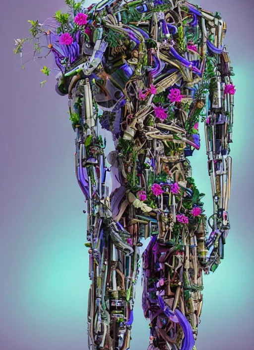 Prompt: a hybrid humanoid cyborg built with cybernetic material and wood, herbs and multicolored flowers, hyperspectral imaging, multispectral imaging, perspective, colorful, spectral color, refractive