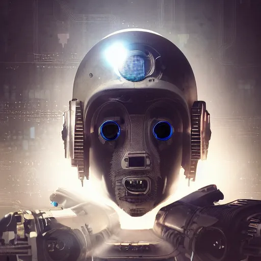 Image similar to photoreal portrait of a futuristic intricate angry robot in a post apocalyptic server bunker of singularity, intricate malfunctioning circuits, glittering light leaks, electromagnetic waves, blue glowing agressive led eyes, wearing a very intricate wwii combat flight mask and goggles, octane render, trending on artstation, cyberpunk, dystopia tokyo