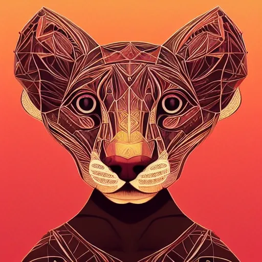 Image similar to Geometric symmetrical fossa, sun in the background, intricate, elegant, highly detailed, digital painting, artstation, concept art, smooth, sharp focus, illustration, art by artgerm