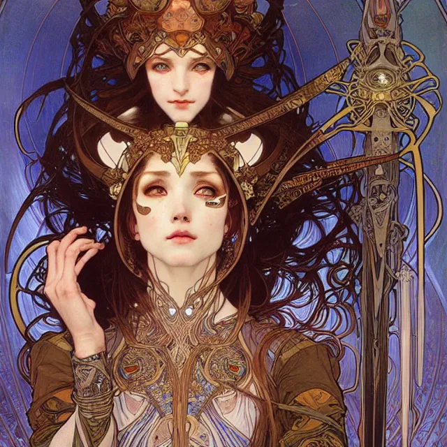 Prompt: realistic detailed face portrait of a beautiful futuristic priestess in opulent alien ritual armor by alphonse mucha, ayami kojima, amano, greg hildebrandt, and mark brooks, female, feminine, art nouveau, mythic aetherpunk, neo - gothic, gothic, character concept design