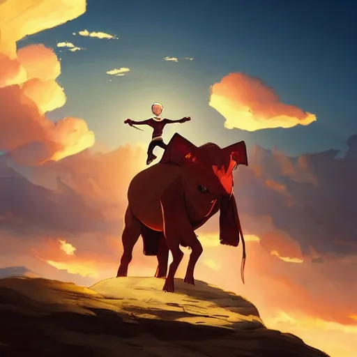 Image similar to aang from avatar the last airbender riding appa, sunset, behance hd by jesper ejsing, by rhads, makoto shinkai and lois van baarle, ilya kuvshinov, rossdraws radiating a glowing aura global illumination ray tracing hdr