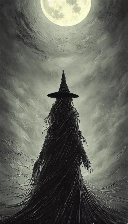 Image similar to book cover art, detailed close-up camera view of a witch in front of the full big moon, dramatic lighting, cinematic, establishing shot, extremely high detail, photo realistic, cinematic lighting, intricate line drawings, by Yoshitaka Amano, Ruan Jia, Kentaro Miura, Artgerm, post processed, concept art, artstation, matte painting, style by eddie mendoza, raphael lacoste, alex ross