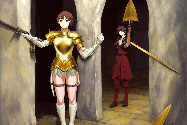 Image similar to anime key visual of young female fantasy knight, shoulder length brown hair shining detailed platinum and gold trim armor, wielding two bloody daggers, standing in the doorway of an ancient stone silver monastery, style of jamie wyeth james gilleard edward hopper greg rutkowski acrylic painting, preserved museum piece, historical
