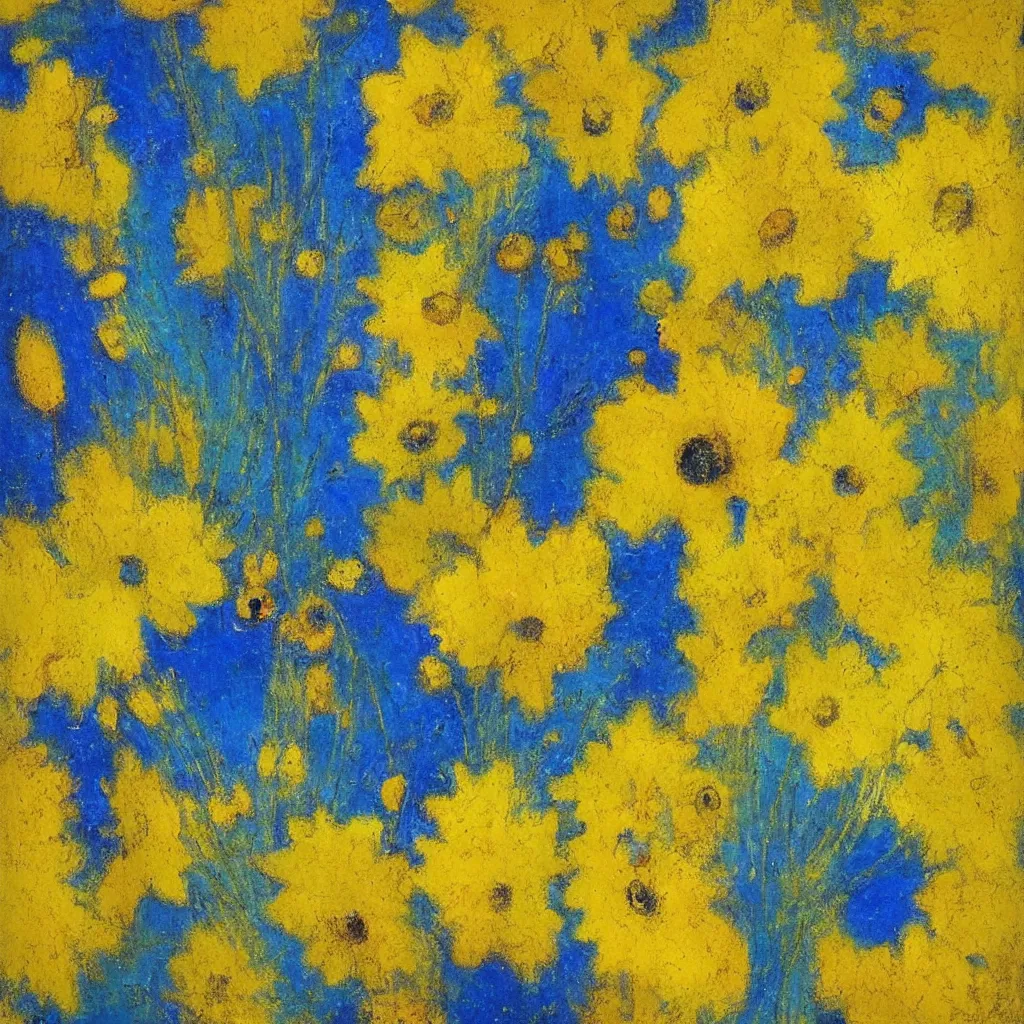 Image similar to “ yellow and blue flowers on background of golden leaves wall panel by odilon redon ”