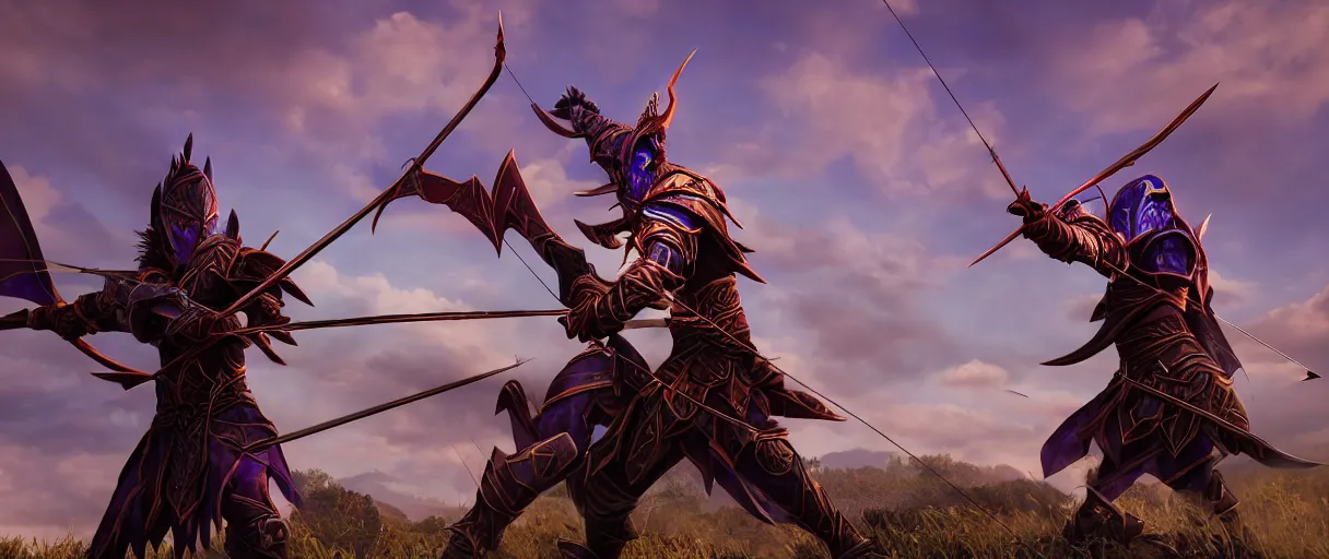 Image similar to a armored night elf hunter casting arrows with bow lord dramatic lighting cinematic establishing shot extremely high detail foto realistic cinematic lighting post processed