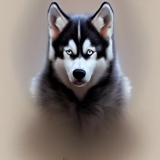 Prompt: Husky face , Monalisa full body posture, 4k , highly detailed, cinematic lightening, atmospheric ,by artgerm; wayne reynolds art station; cinematic quality character render; low angle; ultra high quality model; production quality cinema model