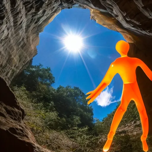 Prompt: photo of a giant orange colored glowing transparent humanoid of one thousand feet of height standing next to a building inside a cave