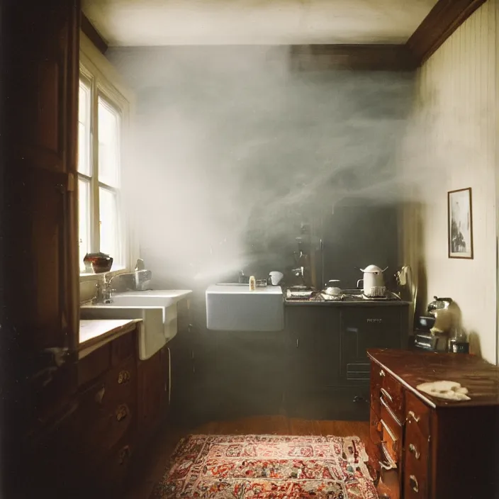 Image similar to kodak portra 4 0 0, wetplate, fisheye, award - winning portrait by britt marling, 1 9 2 0 s kitchen room, ghost, picture frames, shining lamps, dust, smoke, 1 9 2 0 s furniture, wallpaper, carpet, books, muted colours, wood, fog,