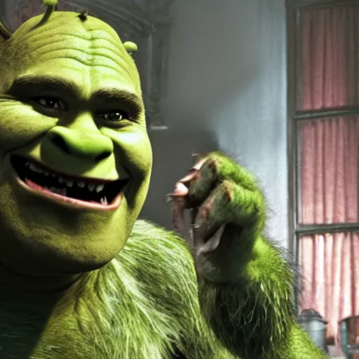 Image similar to film still of Shrek as a werewolf in American Werewolf in London
