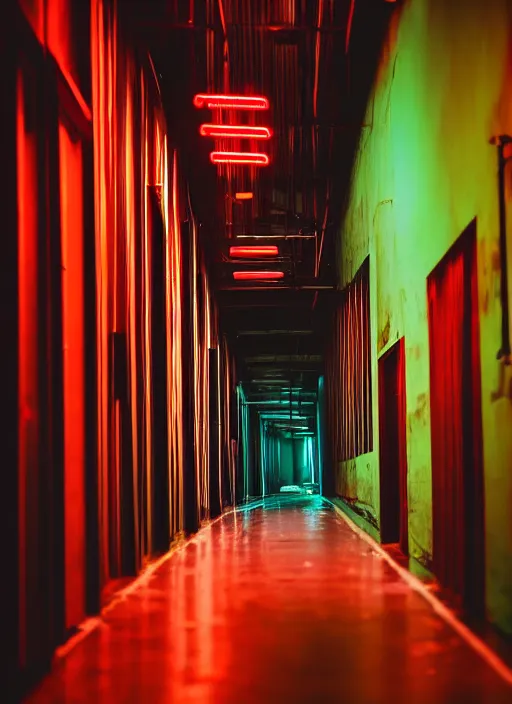 Image similar to a view of a dark corridor with cyberpunk neon lights, depth of field photo by yi insang, unsplash, video art, 8 k wallpaper, cinematic view