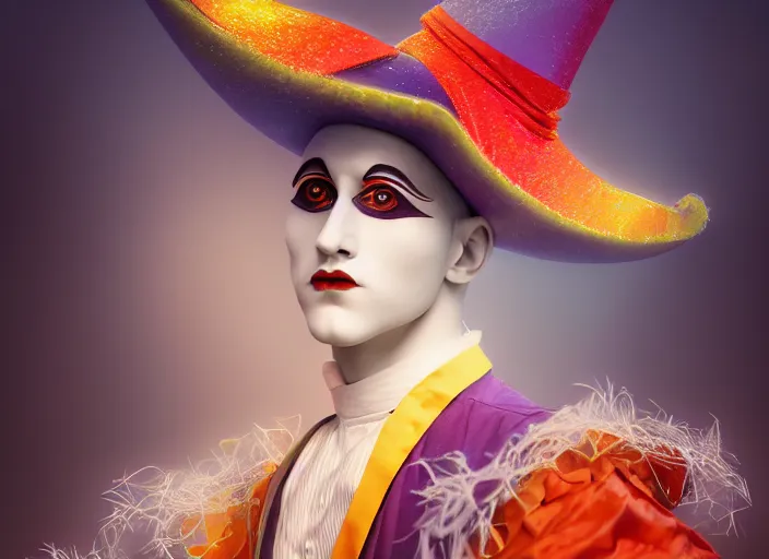 Image similar to award winning digital art of a attractive male pierrot wearing a traditional pierrot ’ s outfit, performing at a magnificent carnival with lots of colors, beautiful circus themed background, trending artstation, digital art, aesthetic, bloom, intricate, elegant, sharp focus, digital illustration, highly detailed, octane render, digital painting, concept art, witchlight carnival, masterpiece