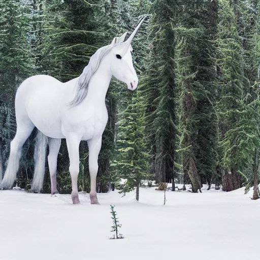 Prompt: a depressed unicorn standing next to a spruce forest, high resolution photograph