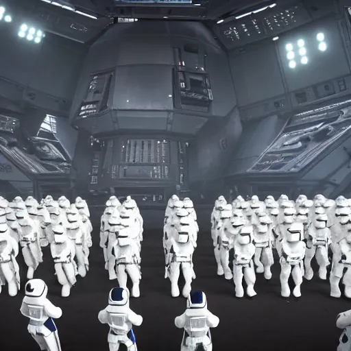 Prompt: a huge crowd of imperial stormtroopers in combat gear stands at attention beneath the reviewing stand at the death star, listening to a speech by the emperor, 8 k, unreal 5, octane render, imperial march, majestic, superb, orderly, cinematic, dramatic, hyperrealism, cgi art, volumetric lighting, photoshopped, intricate digital art