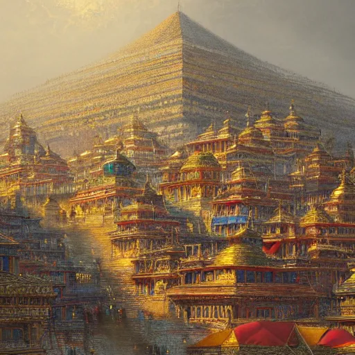 Prompt: artstation concept of kathmandu, bright colorful, gold, hyperdetailed, artstation trending, world renowned artists, worth1000.com, historic artworks society, antique renewel, cgsociety, by greg rutkowski, by Gustave Dore, Deviantart