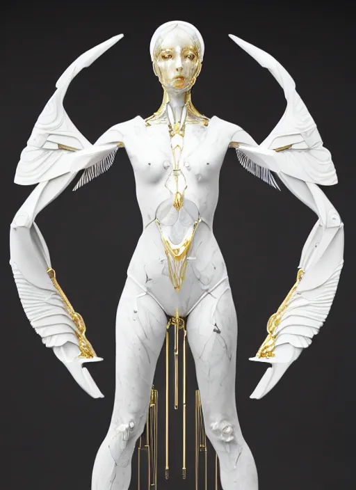 Image similar to a statue made of white marble with gold veins, of an beautiful gorgeous futuristic cybernetic angel girl, prostheses, transhumanism, full body shot, perfect symmetrical body, perfect symmetrical face, hyper realistic, hyper detailed, by johannen voss, by peter kemp, by monia merlo, by michelangelo, octane render, blender, 8 k