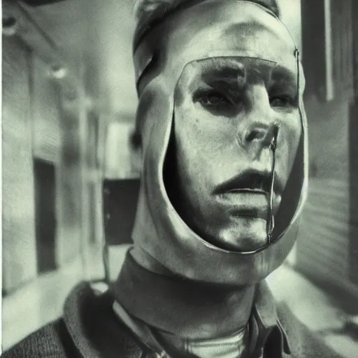 Prompt: 1960s cyberpunk portrait, Cold War cyberpunk spy, electronics in face, ultra detailed, vintage photograph