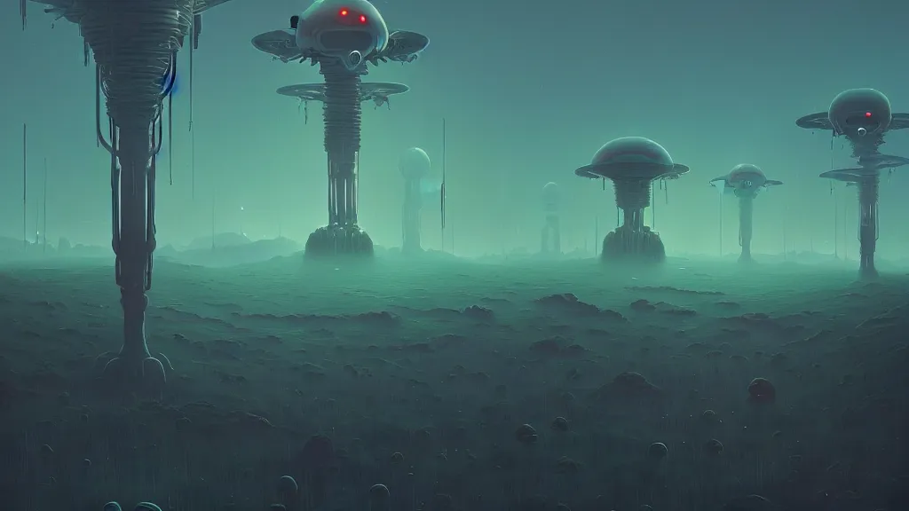 Image similar to alien landscape by simon stalenhag, beeple, makoto shinkai, digital painting, trending on artstation, beautiful, weird, another universe, alien foliage plants, alien flowers, robot