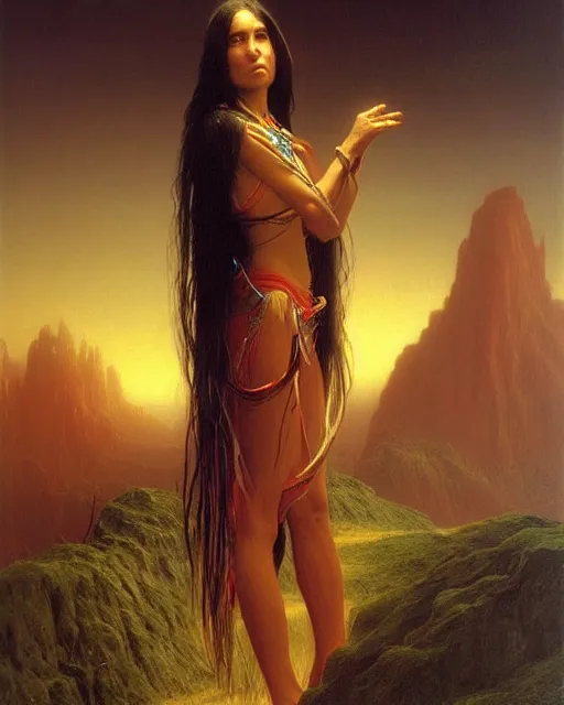 Image similar to beautiful female American Indian, long flowing hair, standing in a fantasy environment, realistic oil painting by Thomas Cole and Wayne Barlowe